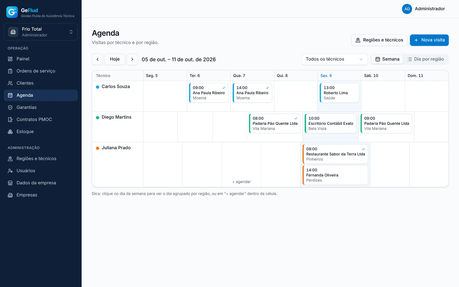 Agenda semanal com as visitas de três técnicos, separadas por dia
