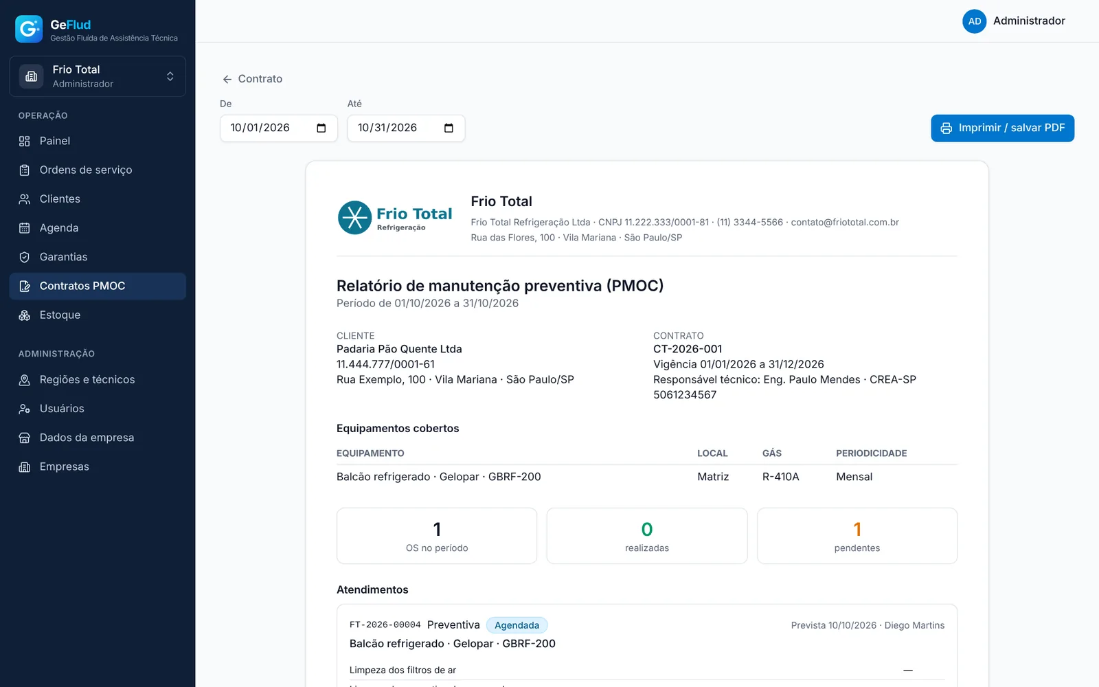 Relatório de manutenção preventiva PMOC de um contrato, com equipamentos cobertos e atendimentos do período