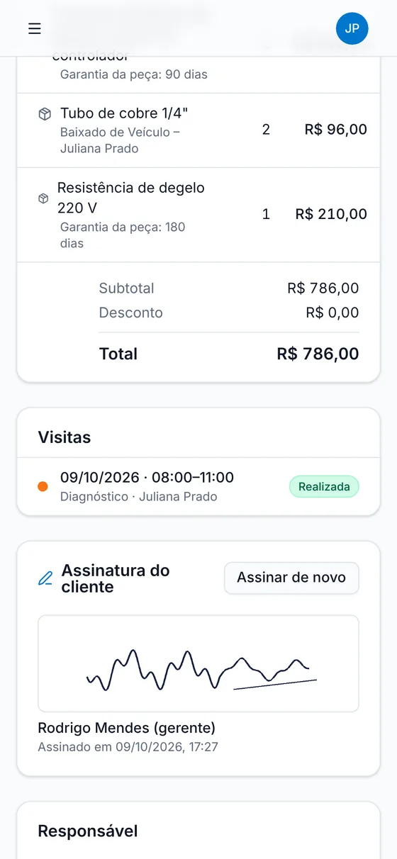 OS no celular com peças, total de R$ 786,00 e assinatura do cliente